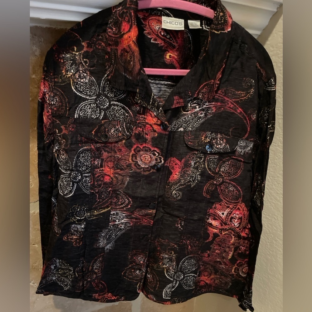 Chico's Vibrant Black Paisley Floral Linen Silk Button Blouse Blazer Jacket XL
